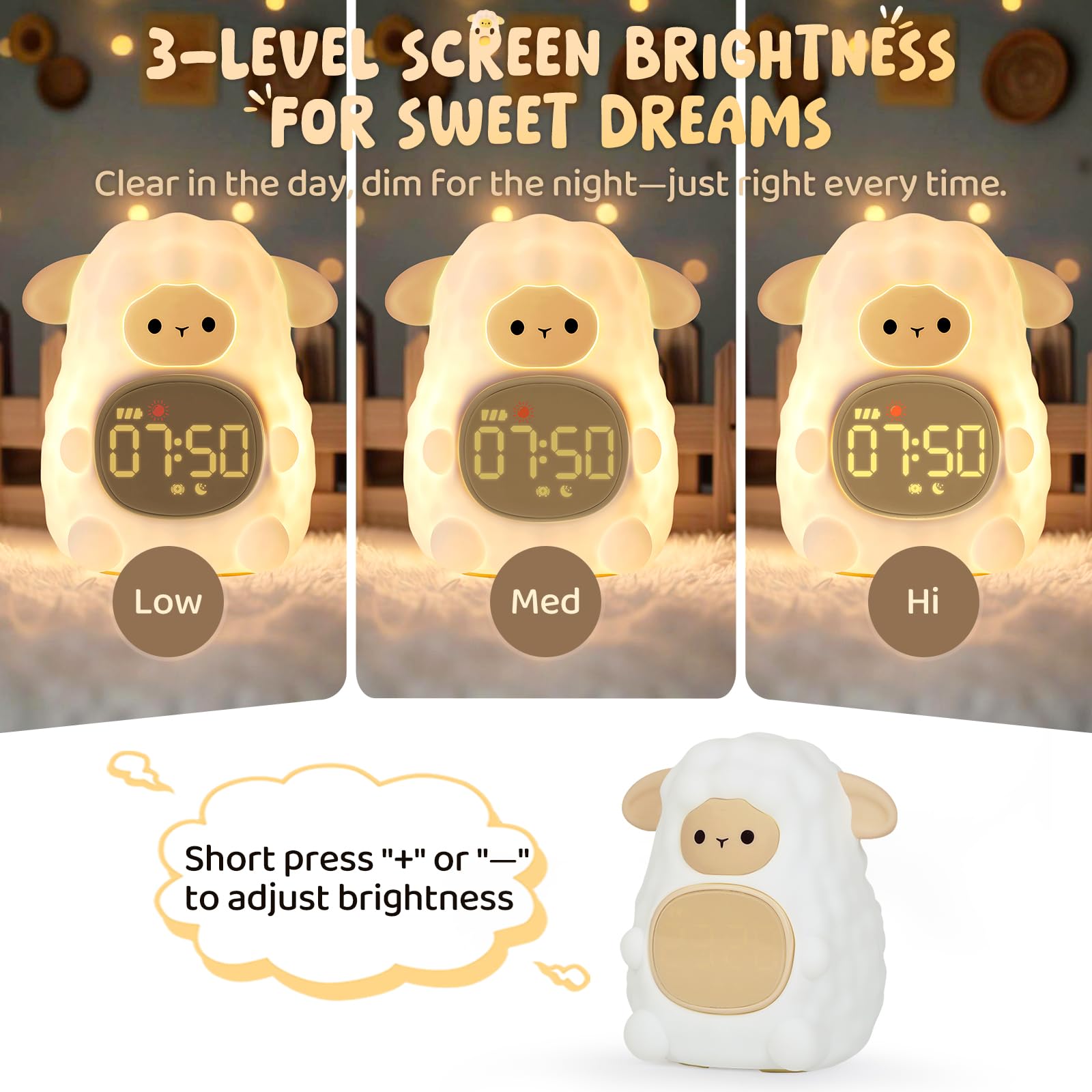 Sheep Alarm Clock with Night Light for Kids with Sleep Training and Sound Machine, Rechargeable Silicone Lamp OK to Wake Clock,C