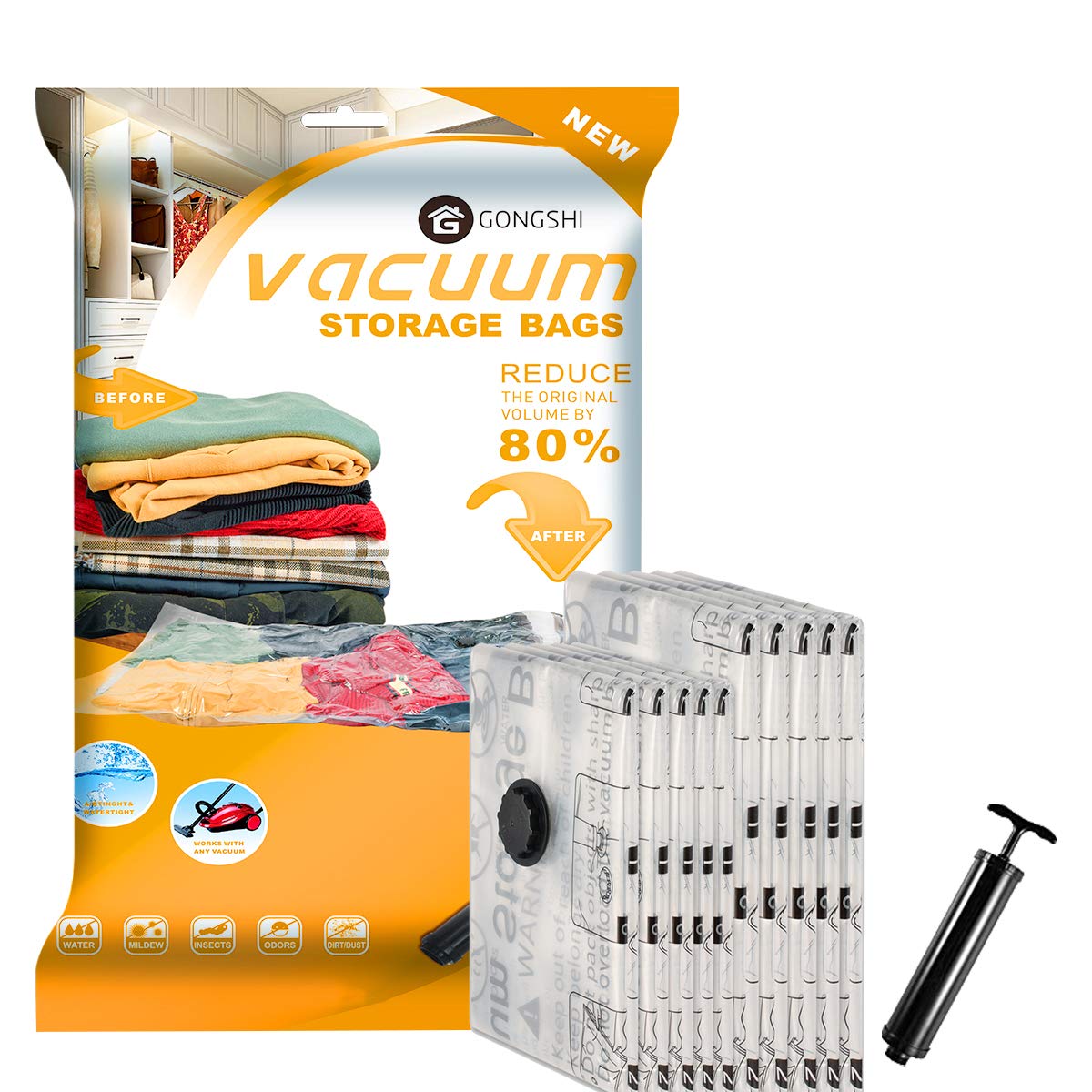 Vacuum Storage Bags (5 X Medium, 5 X Small), Space Saver Sealer Compression Bags With Travel Hand Pump For Blankets, Comforters,