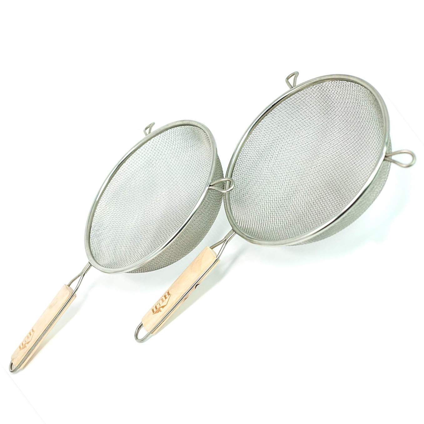 Huji Stainless Steel Fine 8'' Double Mesh Food Strainer Colander Sieve Sifter With Wooden Handle For Kitchen Rice Pasta Noodles