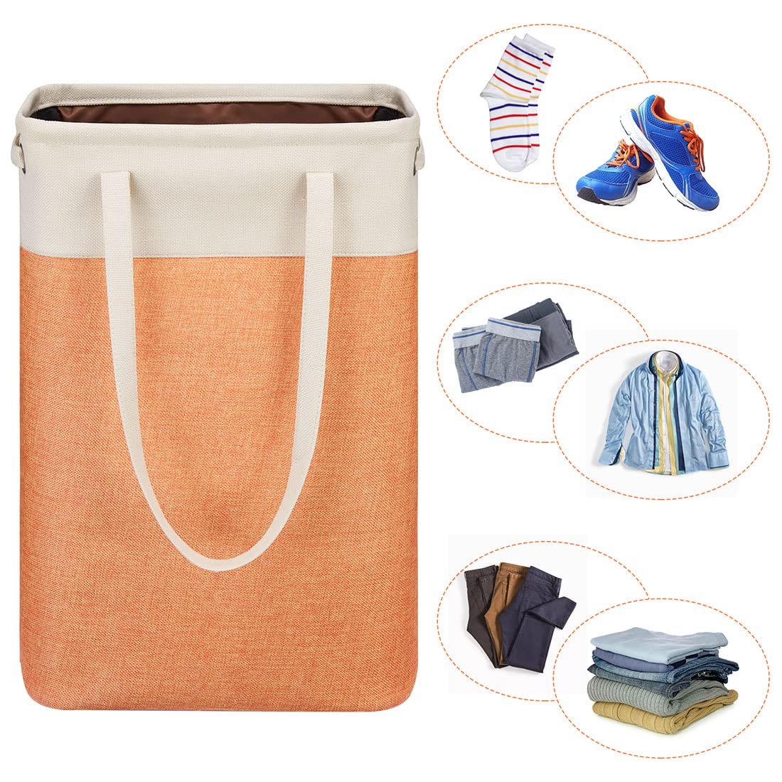 i BKGOO Laundry Basket with Handles Beige&Orange Slim Laundry Bin Collapsible Dirty Clothes Basket Narrow Laundry Bag Foldable Dirty Hamper for Camping  Dorms  Apartments