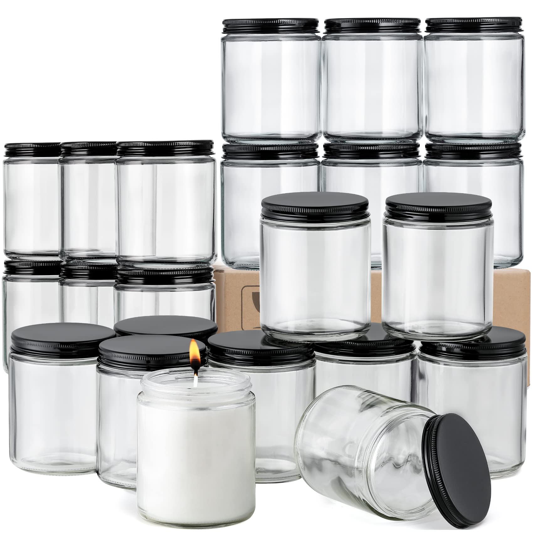 24 Pack, 8 Oz Thick Glass Jars With Metal Lids, Clear Round Candle Making Jars,Empty Food Storage Containers, Mason Canning Jar