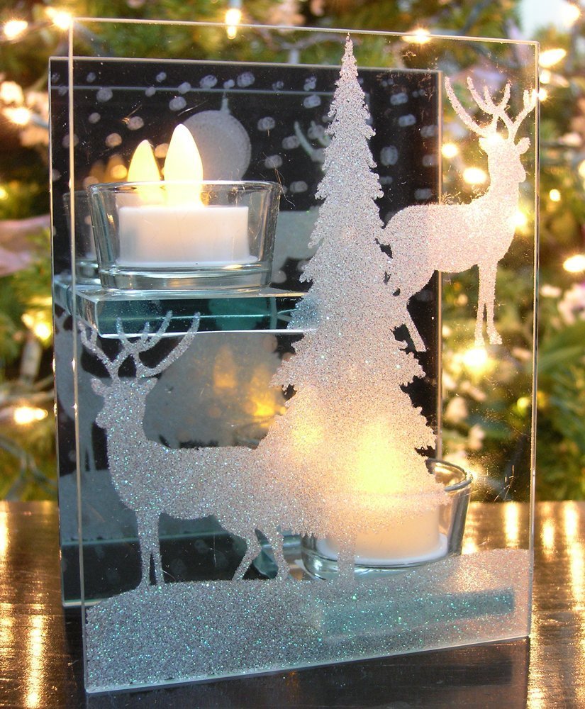 Reindeer Lighted Candle Holder - Christmas Winter Mirrored Infinity Design Tealight Holder - Seasonal D  cor Measures 4.75 L x 2