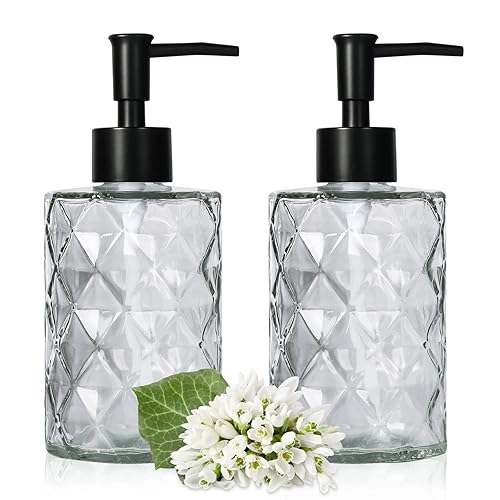Glass Soap Dispenser with Black Pump  Bathroom Soap Dispenser Set(2 Pack  11Oz.) Premium Thick Soap Pump Bottles  Refillable Kitchen Liquid Soap Bottle for Hand Sanitizer  Lotion (Clear  Black Pump)