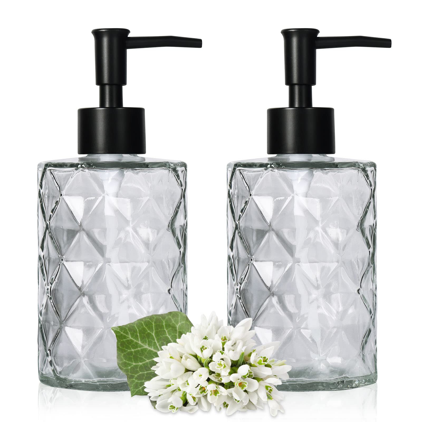 Glass Soap Dispenser with Black Pump  Bathroom Soap Dispenser Set(2 Pack  11Oz.) Premium Thick Soap Pump Bottles  Refillable Kitchen Liquid Soap Bottle for Hand Sanitizer  Lotion (Clear  Black Pump)