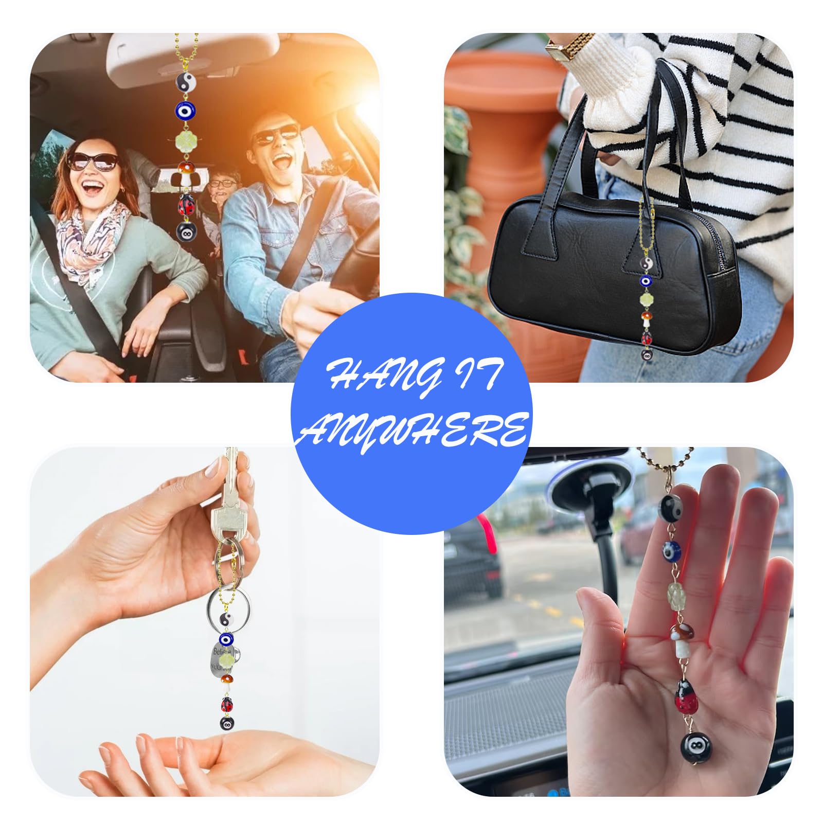 Evil Eye Car Hanging Ornament,Good Lucky Days Car Charm,8 Ball Mushroom Four-Leaf Clover Pendant for Car Rear View Mirror,Cute B