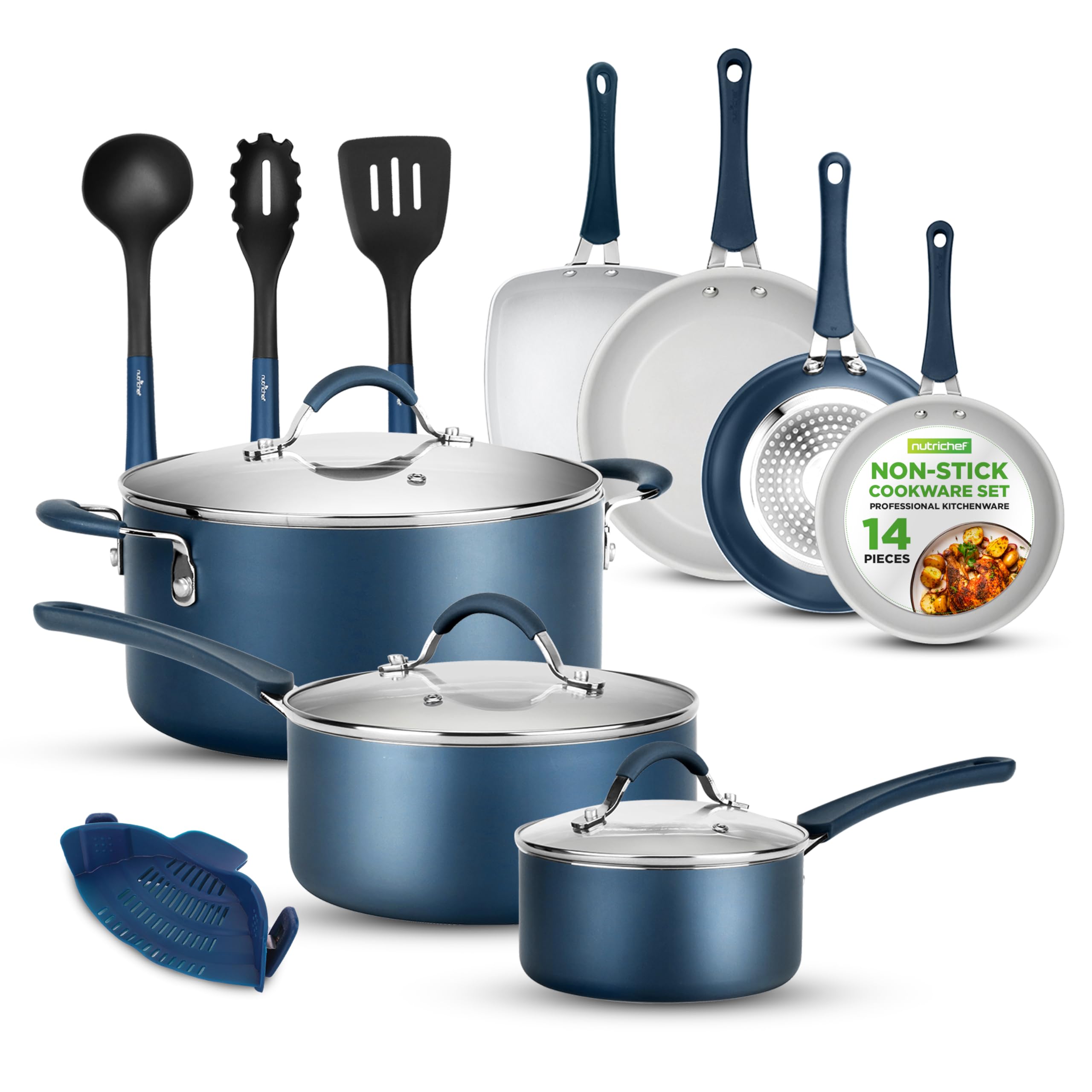NutriChef 14-Piece Navy Blue Cookware Set - Durable Non-Stick Pots and Pans Set with Lids & Utensils, Compatible with All Cookto