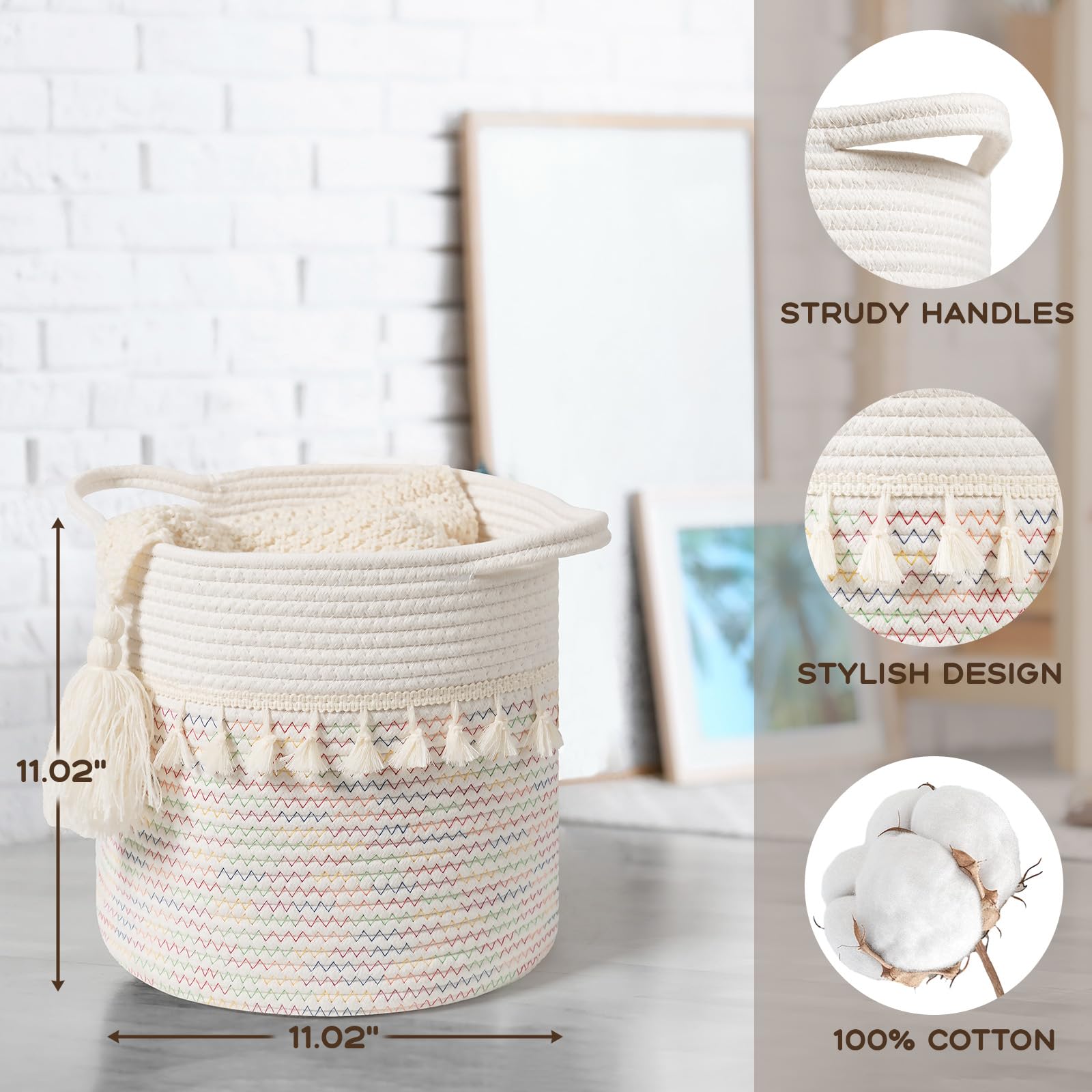 Danpinera Set Of 3 Woven Baskets, 11''X11'' Woven Baskets For Storage With Firm Handles, Small Boho Storage Basket For Shelves,