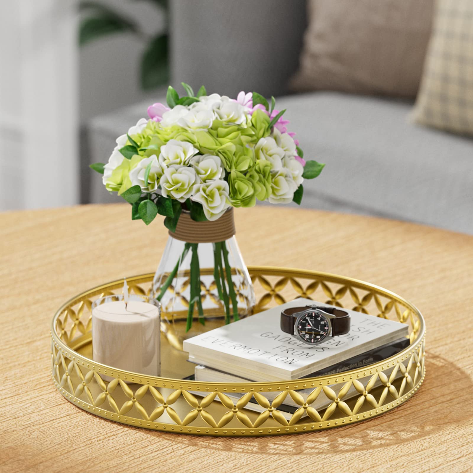 Eknitey Bathroom Counter Vanity Tray - Perfume Makeup Tray For Dresser Tops Gold Round Serving Tray Candle Decorative Storage Tr