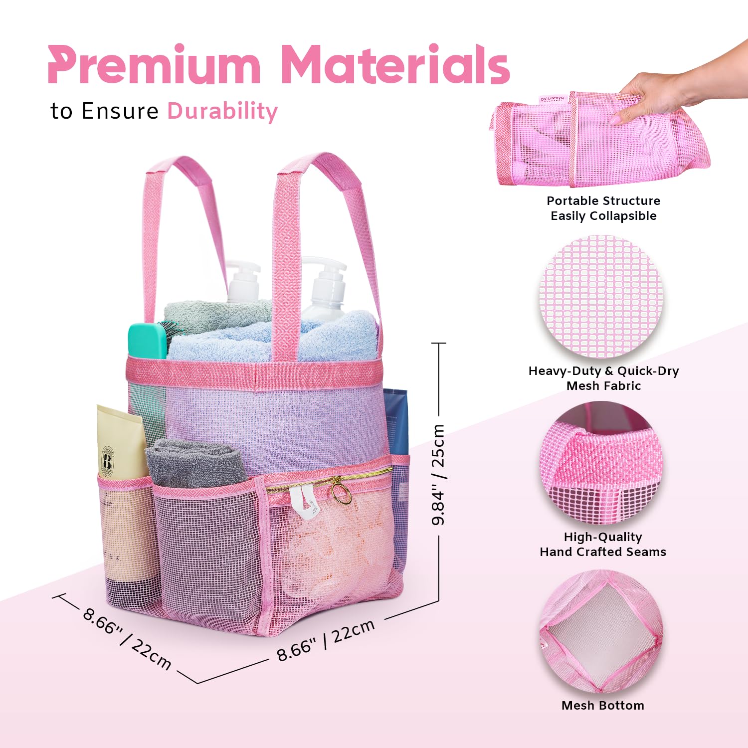 Dv Lifestyle Mesh Shower Caddy Dorm, 7 Pockets & 1 With Zipper, Shower Tote With Padded Handles, Travel Shower Caddy Portable, S