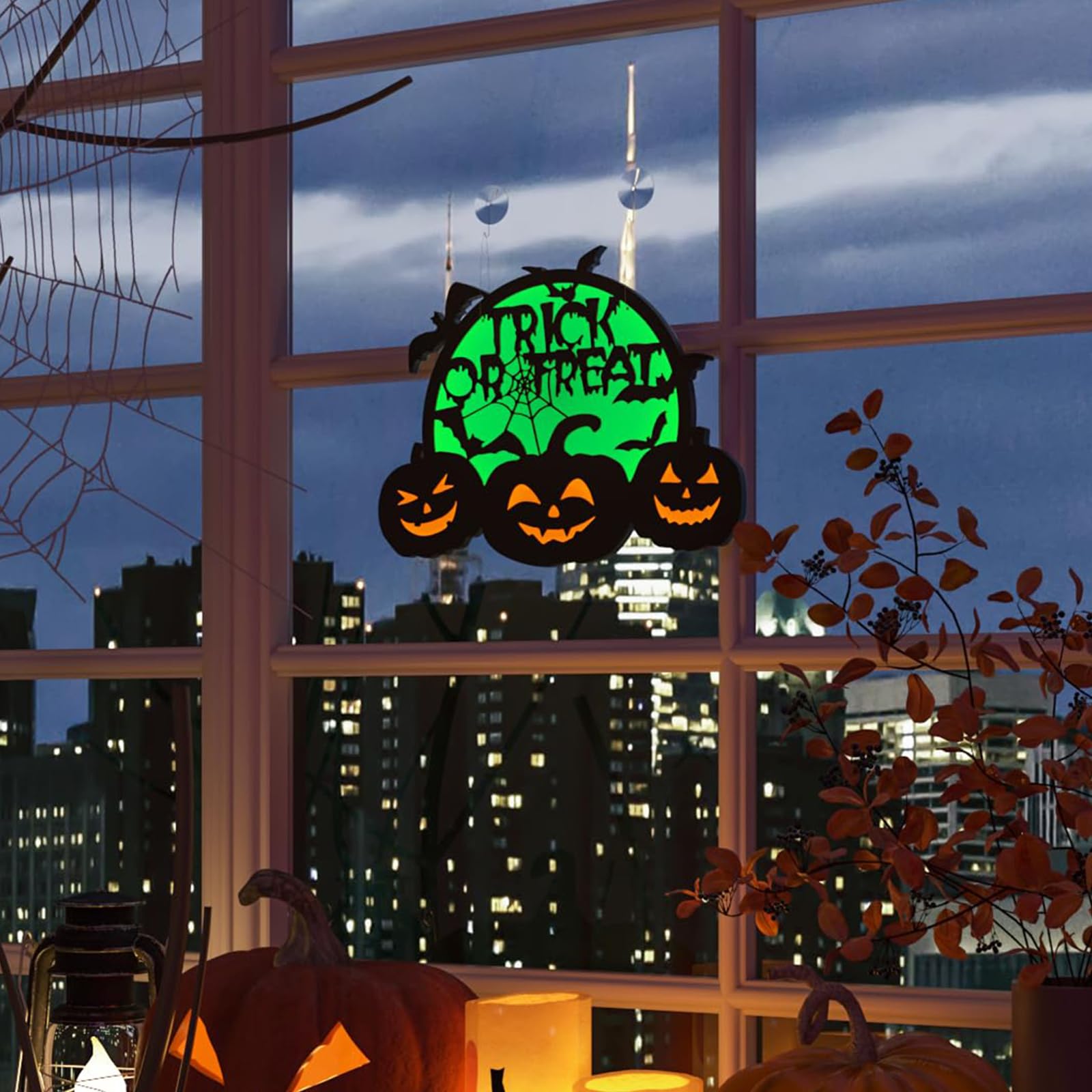 Halloween Pumpkin Lights, LED Connected Jack O Lantern With Light Up Green Moon, Bat Spider Web & Trick or Treat Wording, USB &