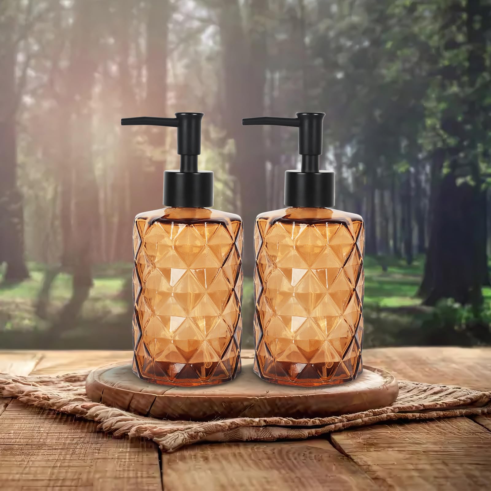 Ulable Dark Brown Glass Soap Dispenser With Pump, 12Oz Diamond Design Hand Soap Dispenser, Refillable Lotion Dispenser & Dish So