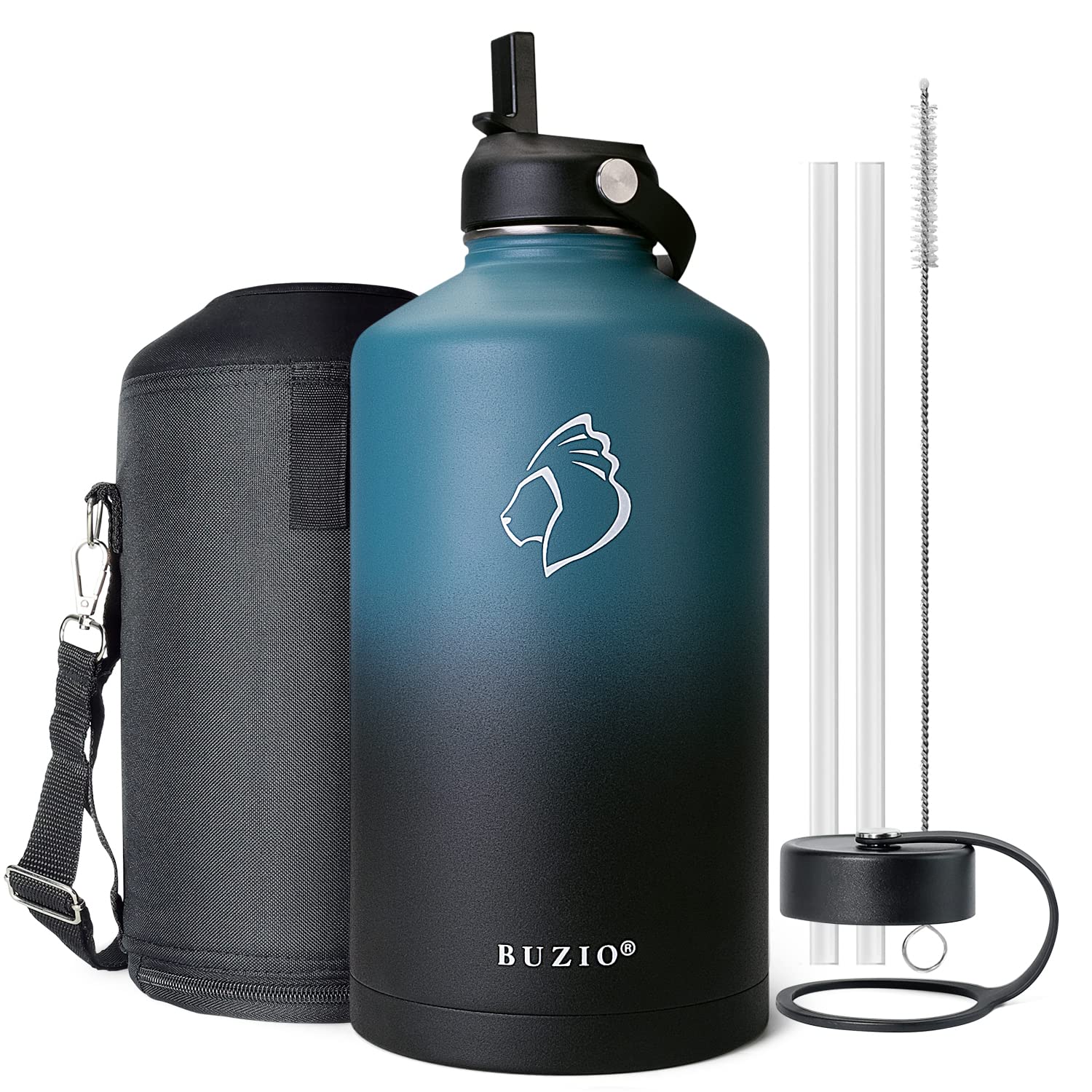 Buzio 1 Gallon Water Jug With Straw Lid, 128Oz Water Bottle Stainless Steel Double Wall Hydro Jug Water Flask 18/8 Food Grade Th