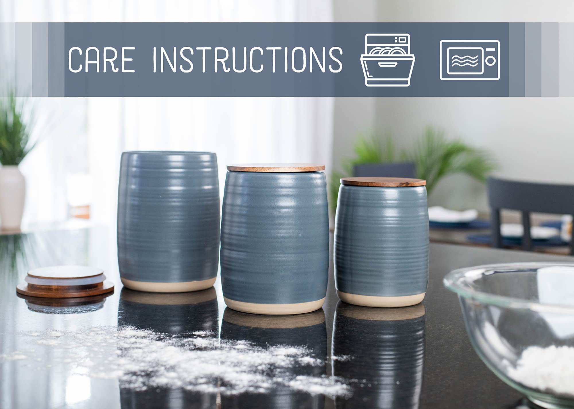 Nat & Jules Lidded Grey 6 Inch Ceramic And Wood Kitchen Canisters Set Of 3