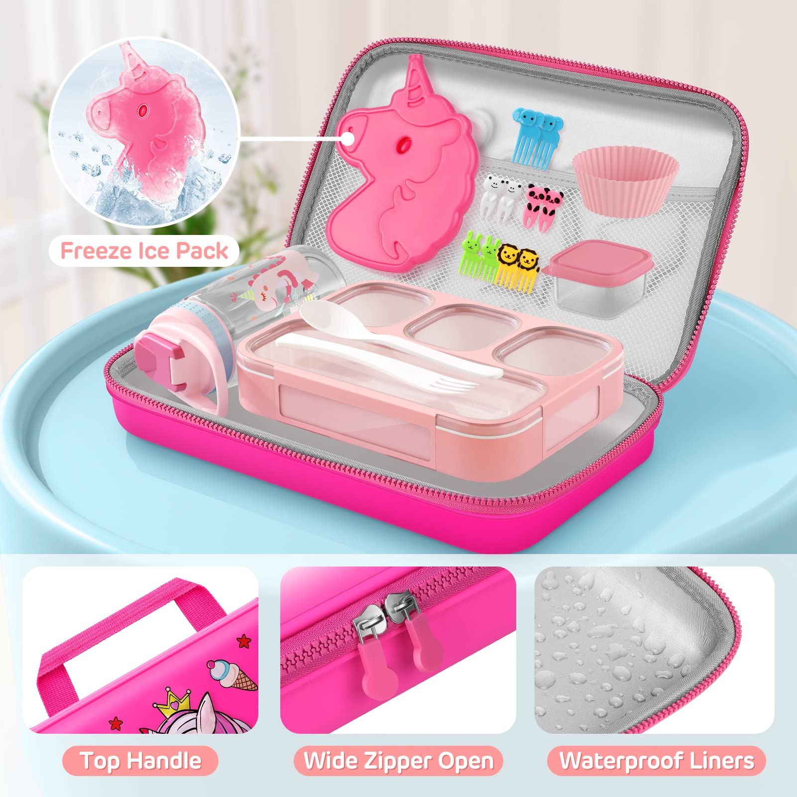 Unicorn Insulated Lunch Bag Set 18Pcs Bento Lunch Box For Kids, Bento-Style Leakproof 4 Compartments Lunch Container Water Bottl