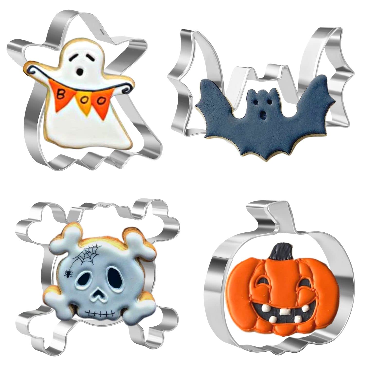 Crethinkaty 4 Pieces Halloween Cookie Cutters Set For Baking - Ghost,Bat,Pumpkin And Skull,Round Shape Stainless Steel Holiday B