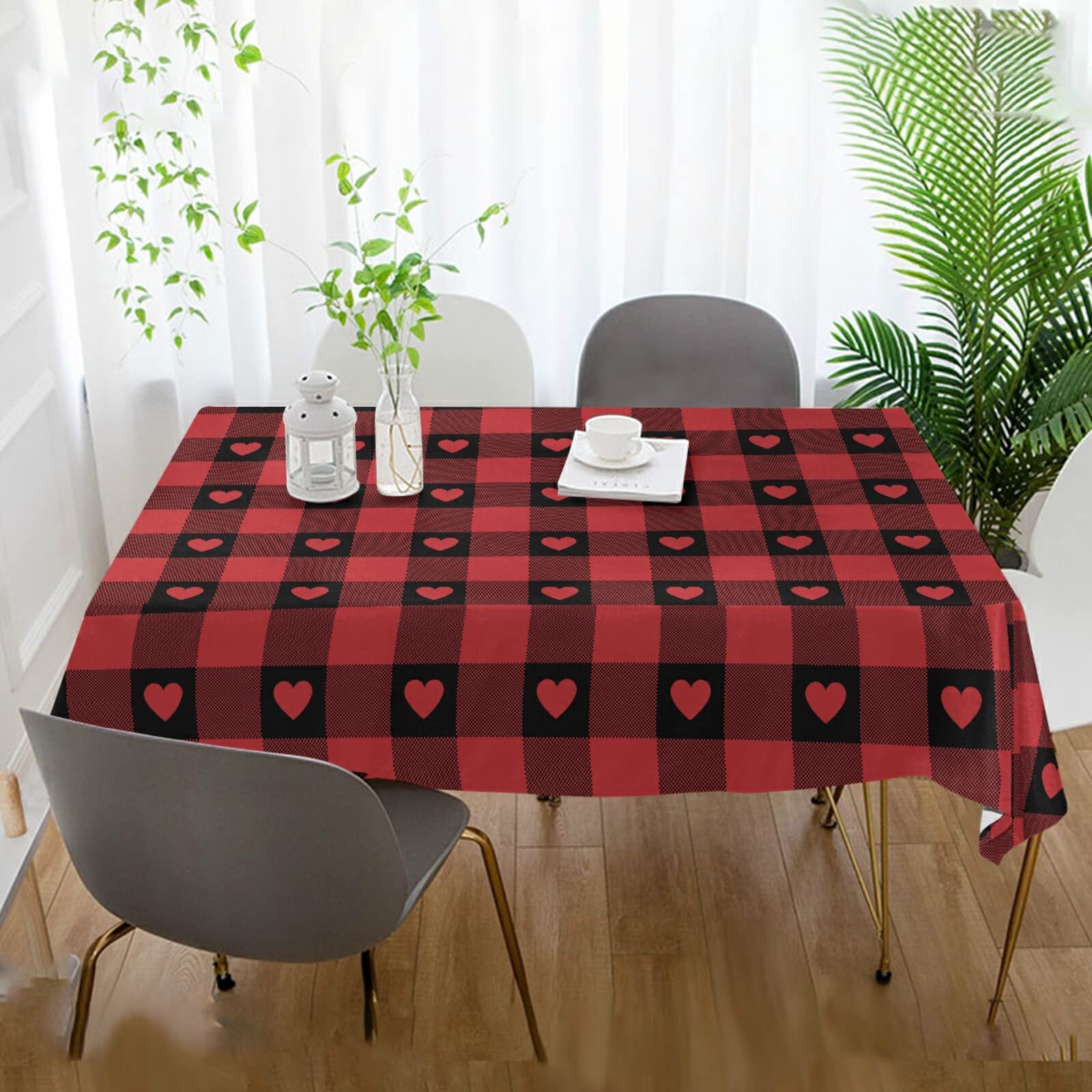 senya Valentine's Day Tablecloth Red Buffalo Check Gingham Love Heart Square Tablecloth Rectangle Tablecloth Washable Fabric Table Cloth for Dining Party and Outdoor Use