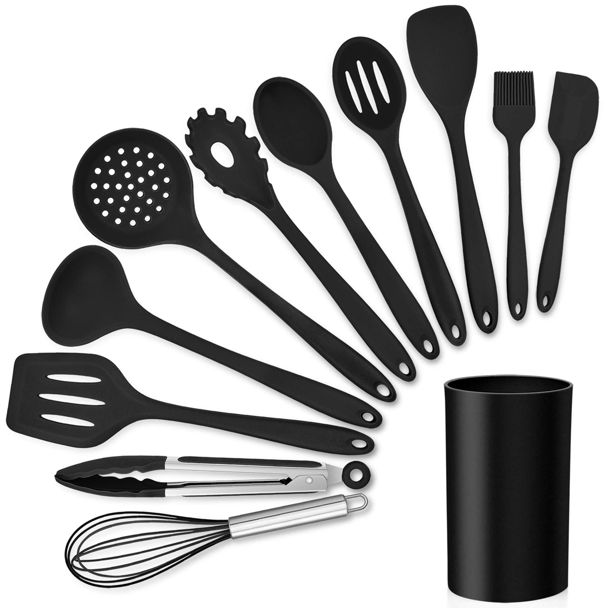 Lianyu 12-Piece Black Silicone Kitchen Cooking Utensils Set With Holder, Kitchen Tools Include Slotted Spatula Spoon Turner Ladl