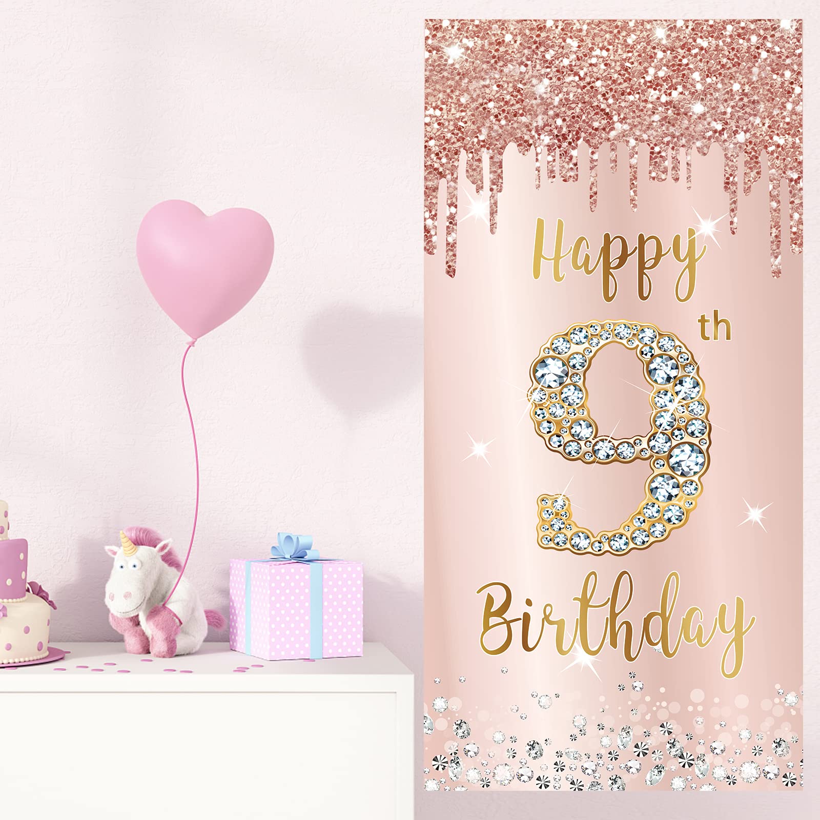 9Th Birthday Door Banner Decorations For Girls, Pink Rose Gold Happy 9Th Birthday Sign Door Cover Backdrop Party Decor, Large Ni