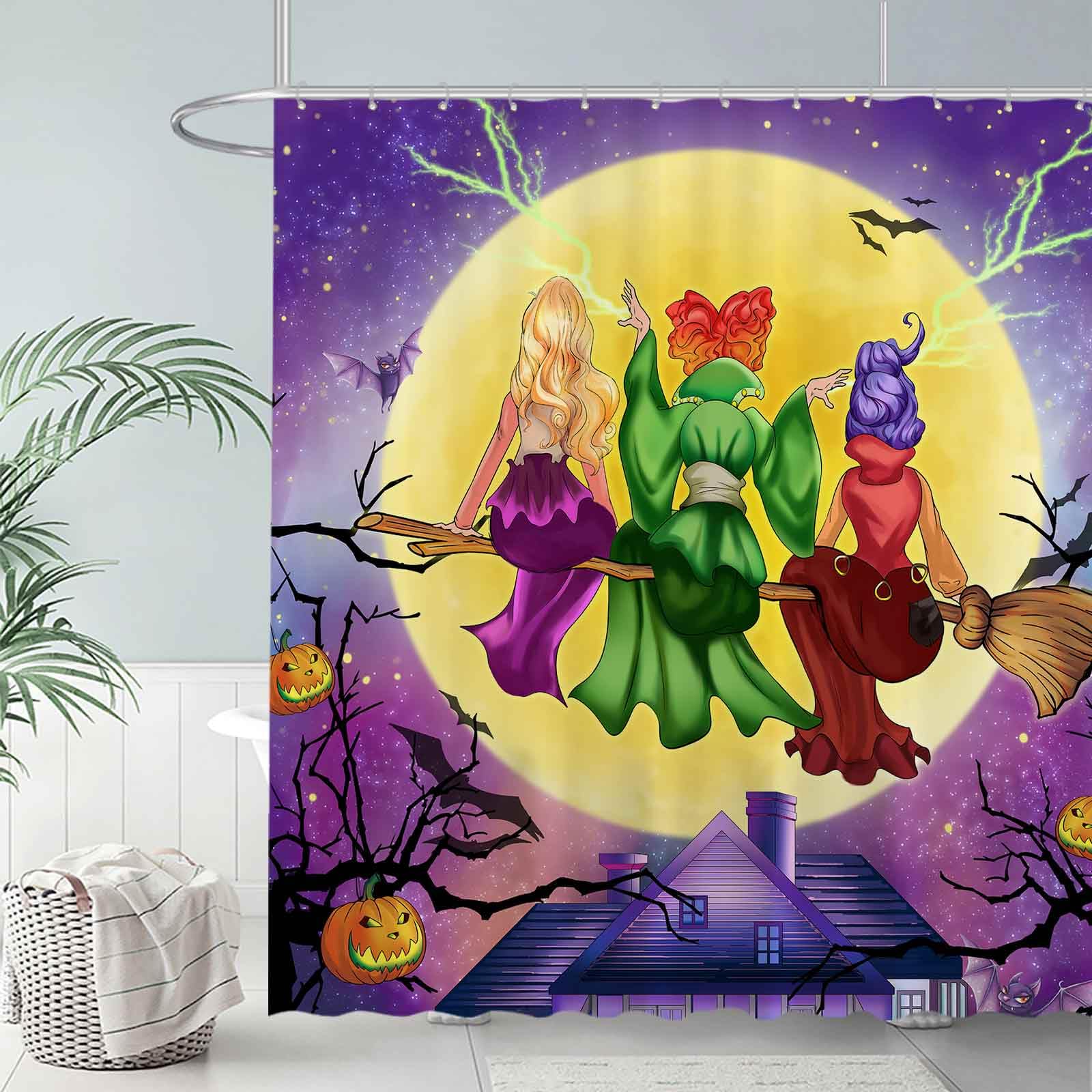 Allenjoy 72'' X 72'' Halloween Witches Shower Curtain Set Fall Autumn Moonlight Home Bath Bathtub Decorations Bathroom Decor Eas