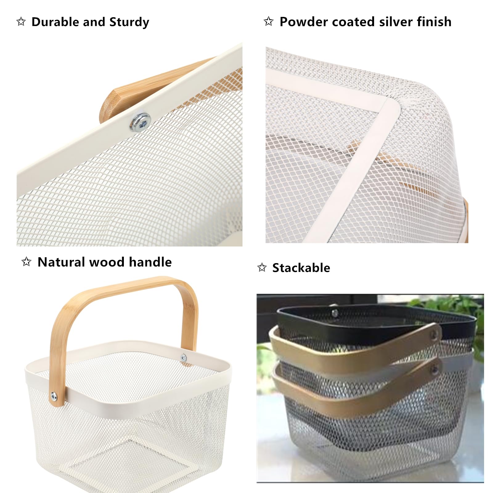Yopay Mesh Steel Fruit Basket Bin With Wood Handle, White Hanging Storage Organizer, Farmhouse Harvest Gardening Basket For Cabi