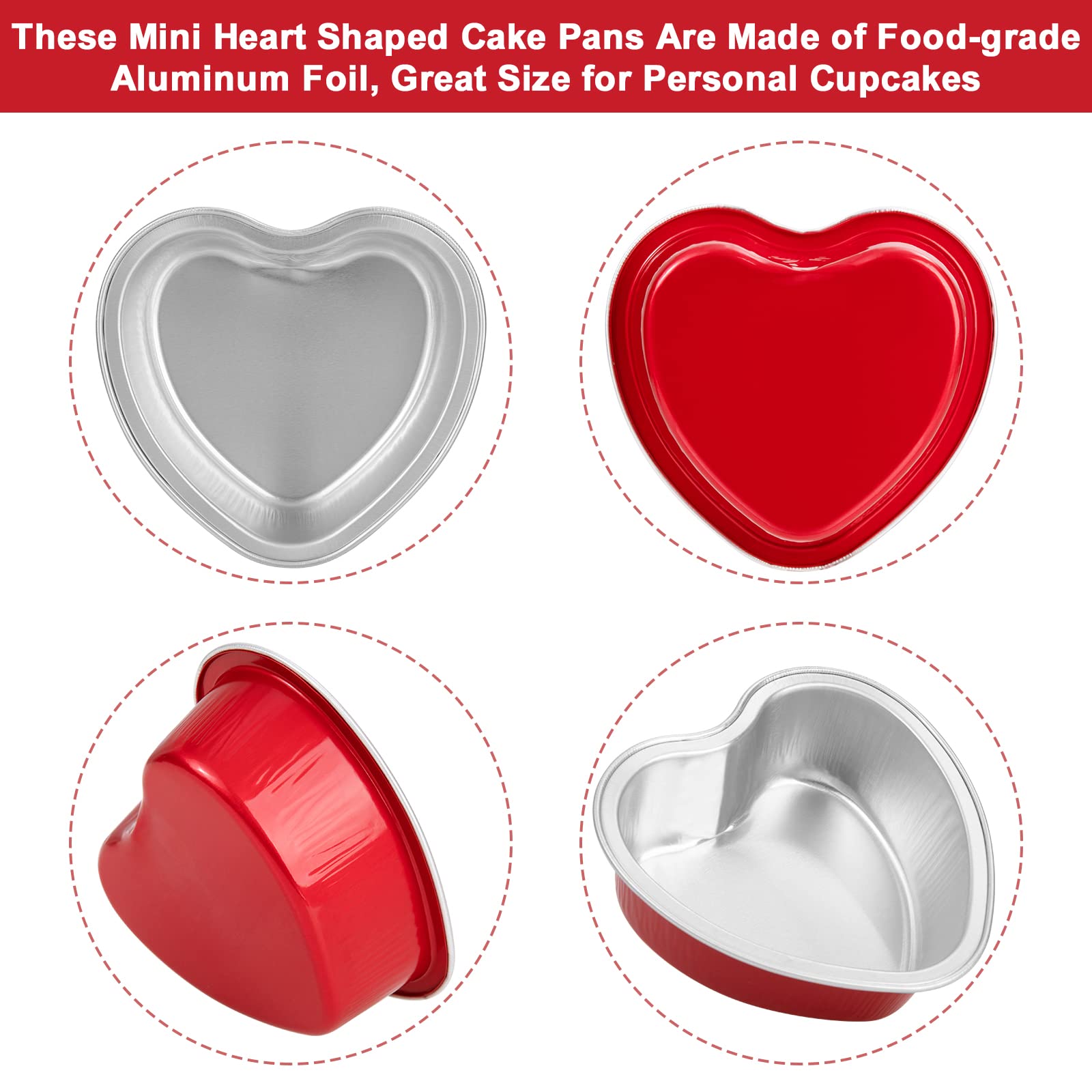 Mini Heart Shaped Cake Pans With Lids,Heyyumi 50Pcs 3.4Oz Aluminum Foil Heart Cake Pan,Disposable Heart Cupcake Cups Liners Tins