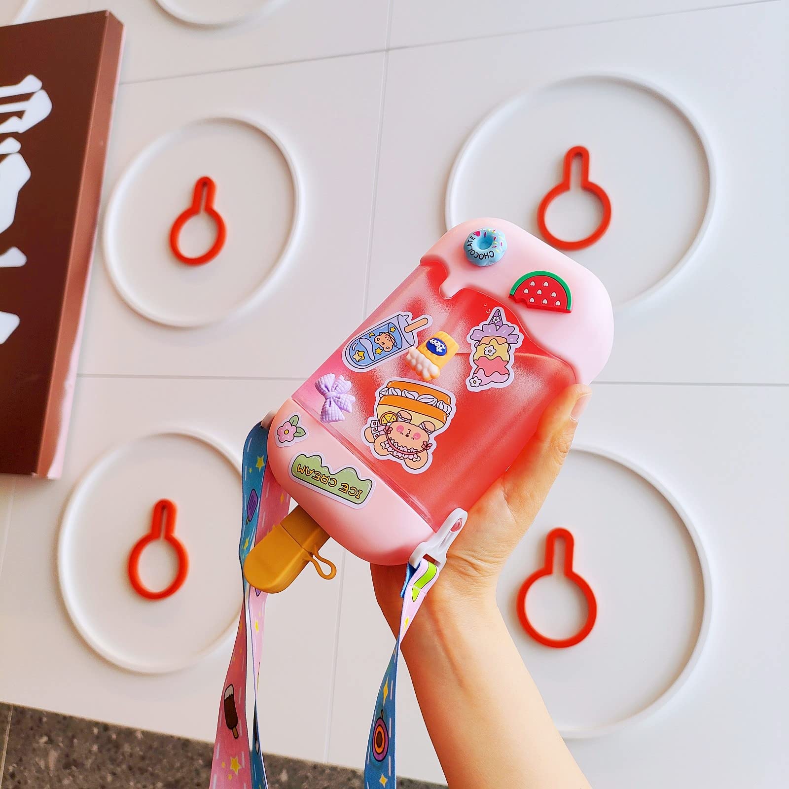 GMKD Kawaii Ice Cream Water Bottle, 14 oz BPA-Free, Pink with Straw & Adjustable Strap, Cute Popsicle Cup for Kids