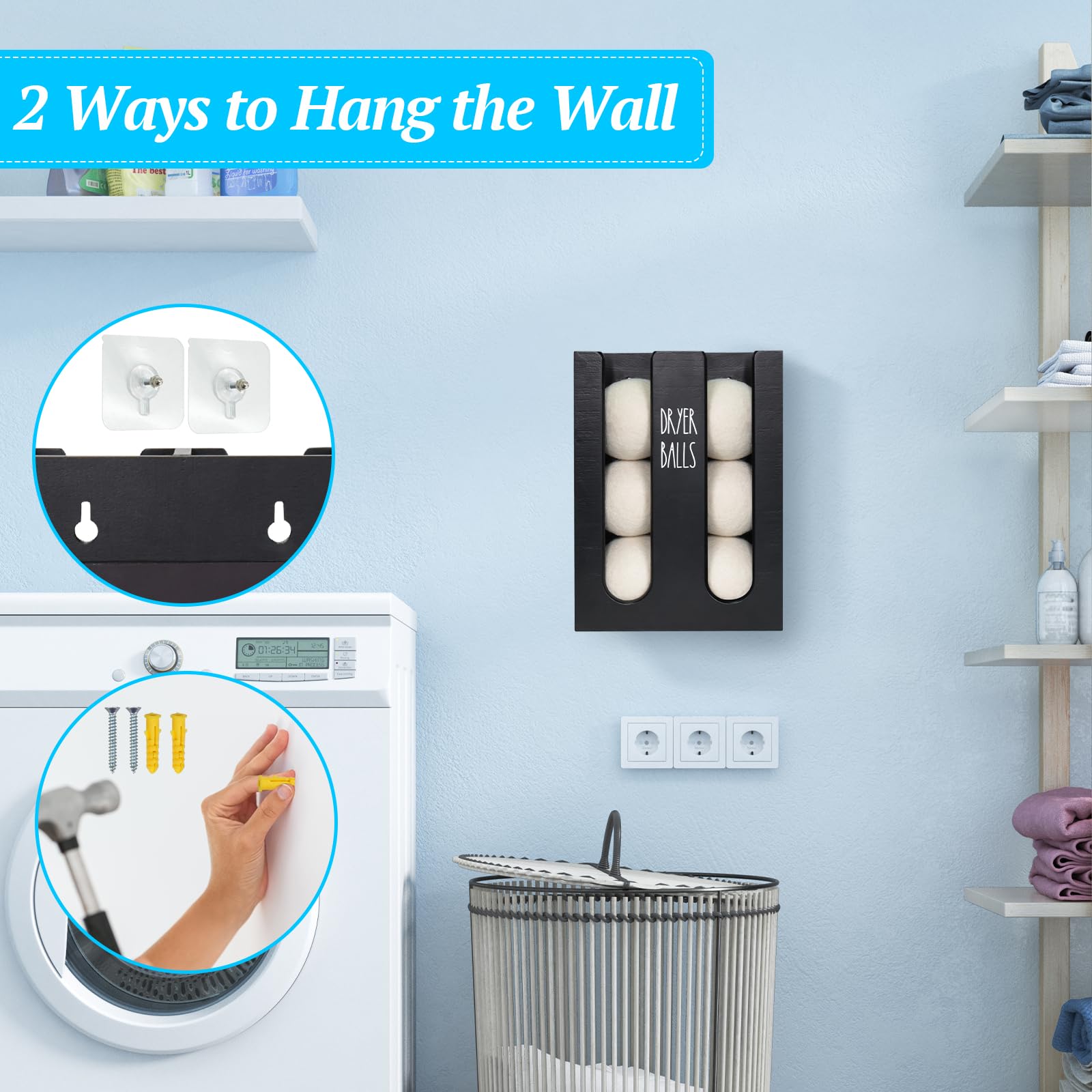 Ukonvi Magnetic Dryer Ball Holder For Laundry Room Organization, Wood Dryer Ball Container Wall Mount, Dryer Balls Organizer For