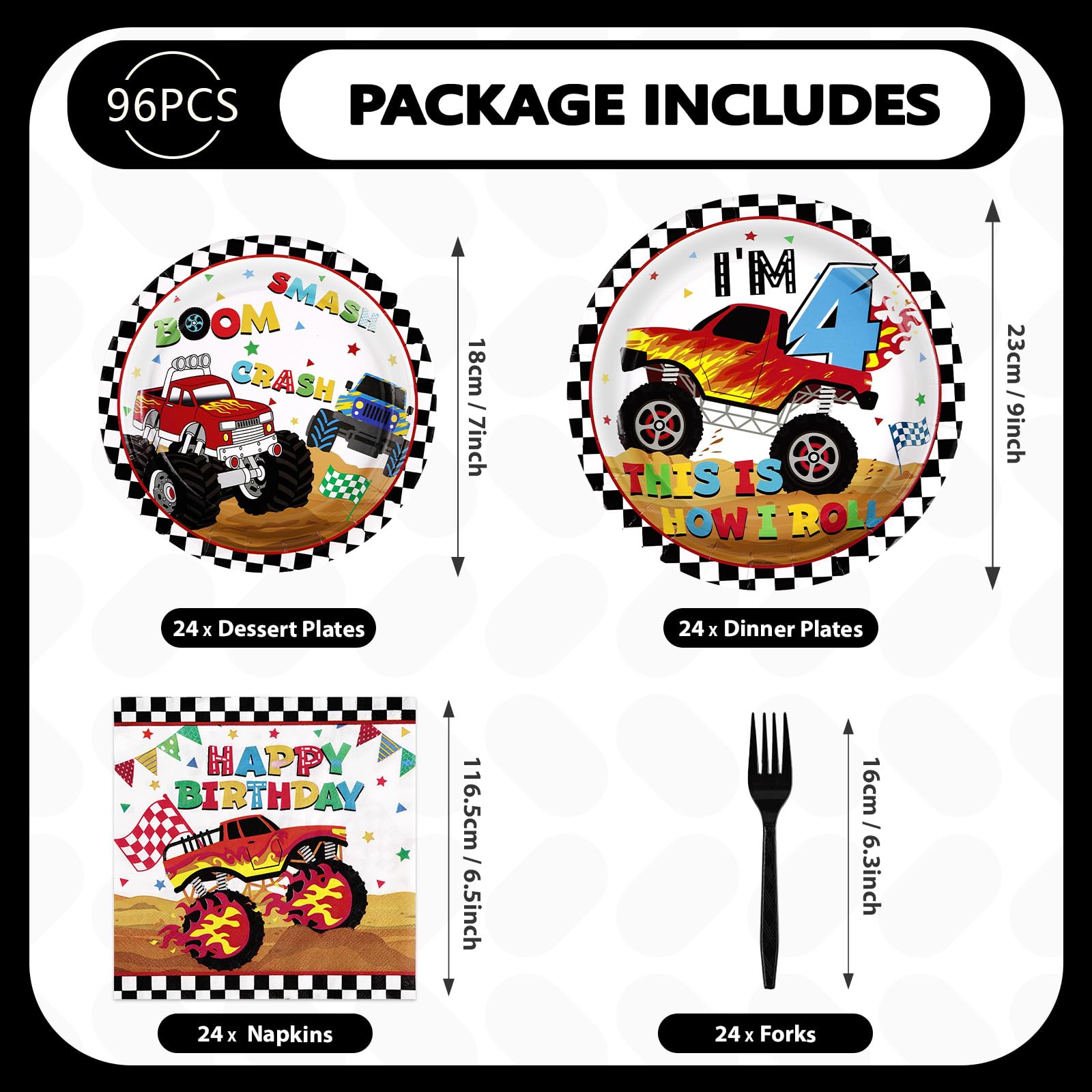 96 Pcs Monster Truck 4Th Birthday Party Supplies 350 Gsm Monster Truck Plates And Napkins Checkered Tableware Set Monster Birthd
