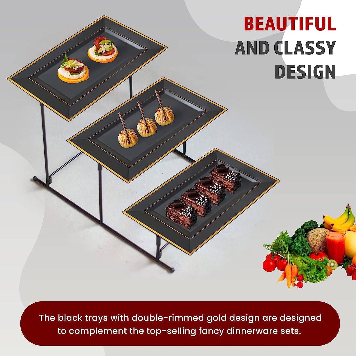 Yumchikel- 12 Pack Black Plastic Serving Tray Plastic For Party, 14'' X 7.5'' Platters For Serving Food (Black Gold Rim) Hallowe