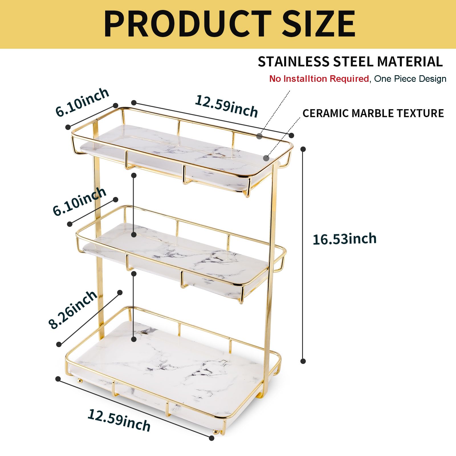 Dobbyby Bathroom Organizer Countertop Perfume Organizer Makeup Organizer Cosmetics Storage Display Rack 3 Tier Vanity Tray Dresser Stainless Steel Gold Shelf White Marble Print Ceramic Tray