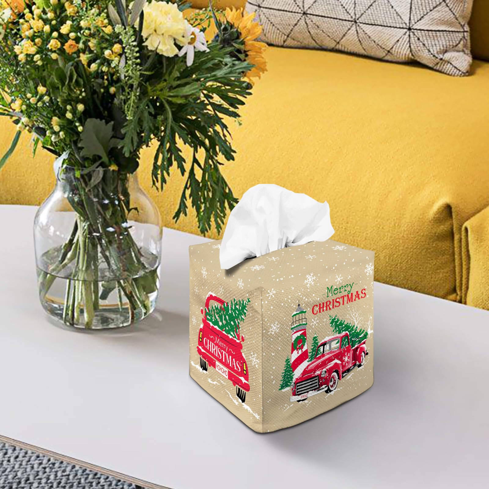 Tissue Box Cover Square Canvas Decorative Tissue Box Holder Cute Funny Cube Tissue Case Cover-Xmas Decor Christmas Car Tissue Bo
