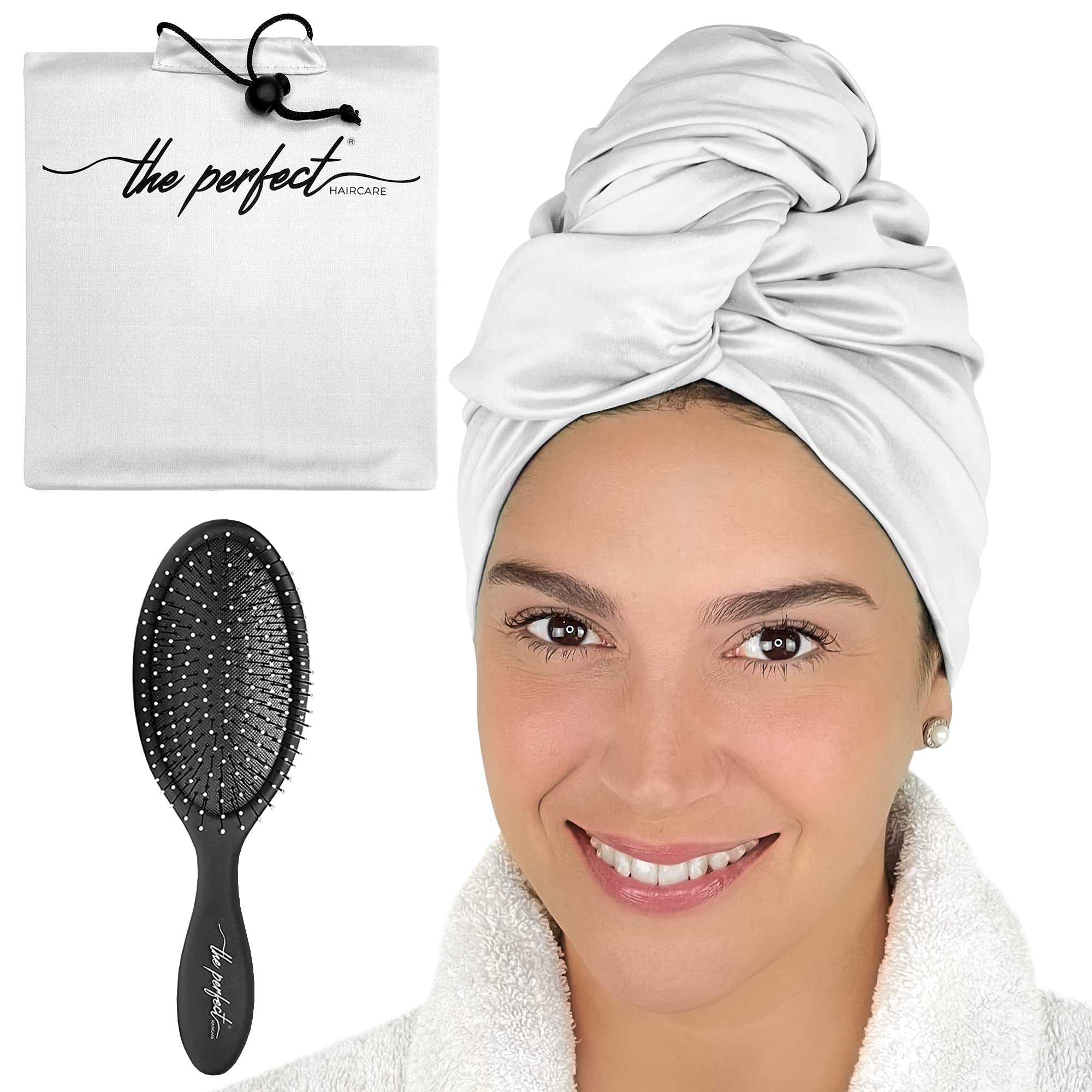 THE PERFECT HAIRCARE Microfiber Curly Hair Towel Wrap with Wet/Dry Brush - Fast Drying and Gentle Detangling for Women, Girls, K