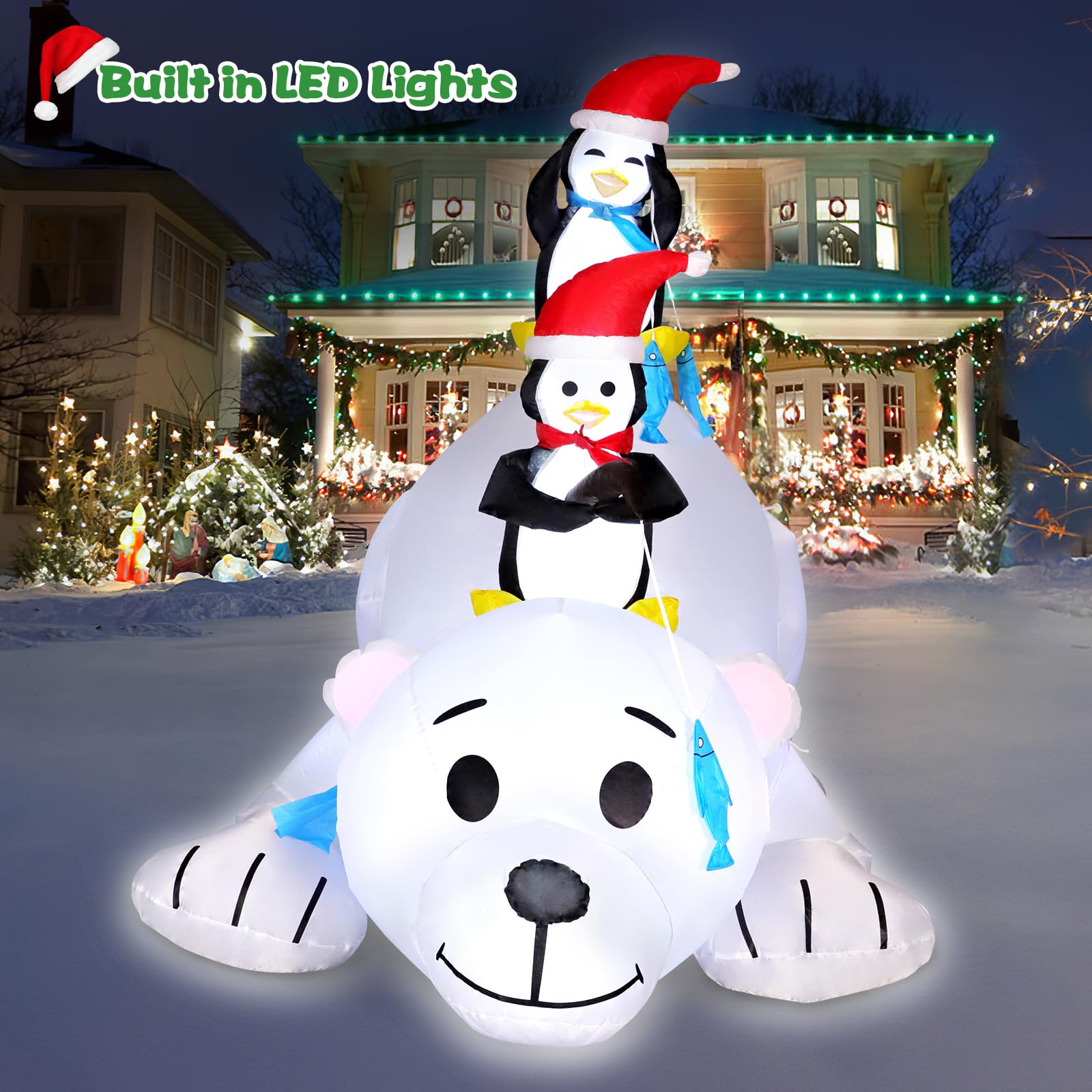 FunFanso 6FT Polar Bear Christmas Inflatable with Penguins, LED Lights, Colorful Yard Decoration, Model D01NA-027