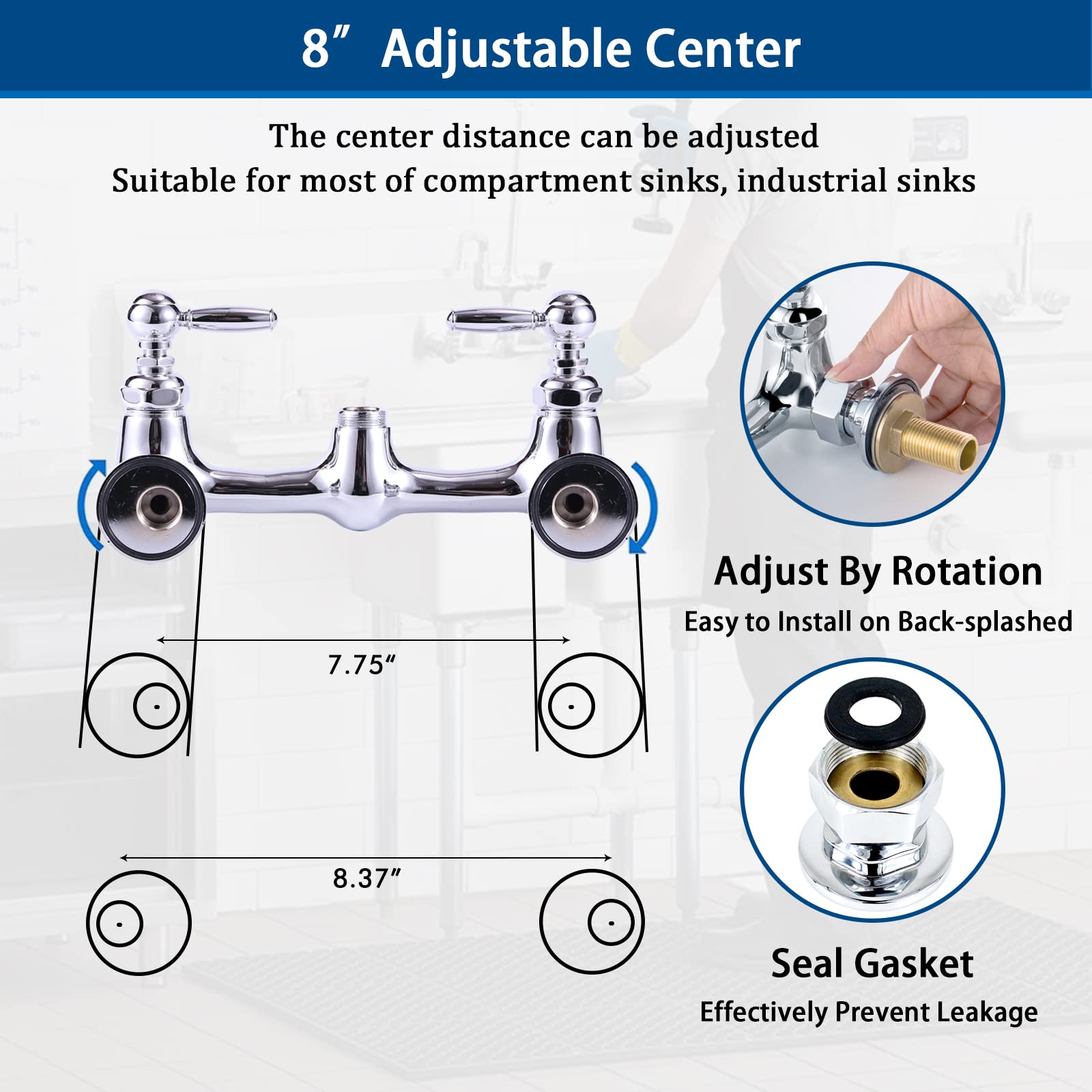 AGAHPAY Commercial Kitchen Sink Faucet with Pre Rinse Sprayer  8 Inch Center Wall Mount Faucet with 12?Swing Spout 36?Height Compartment Sink Faucet for Restaurant Industrial  Chrome Polished