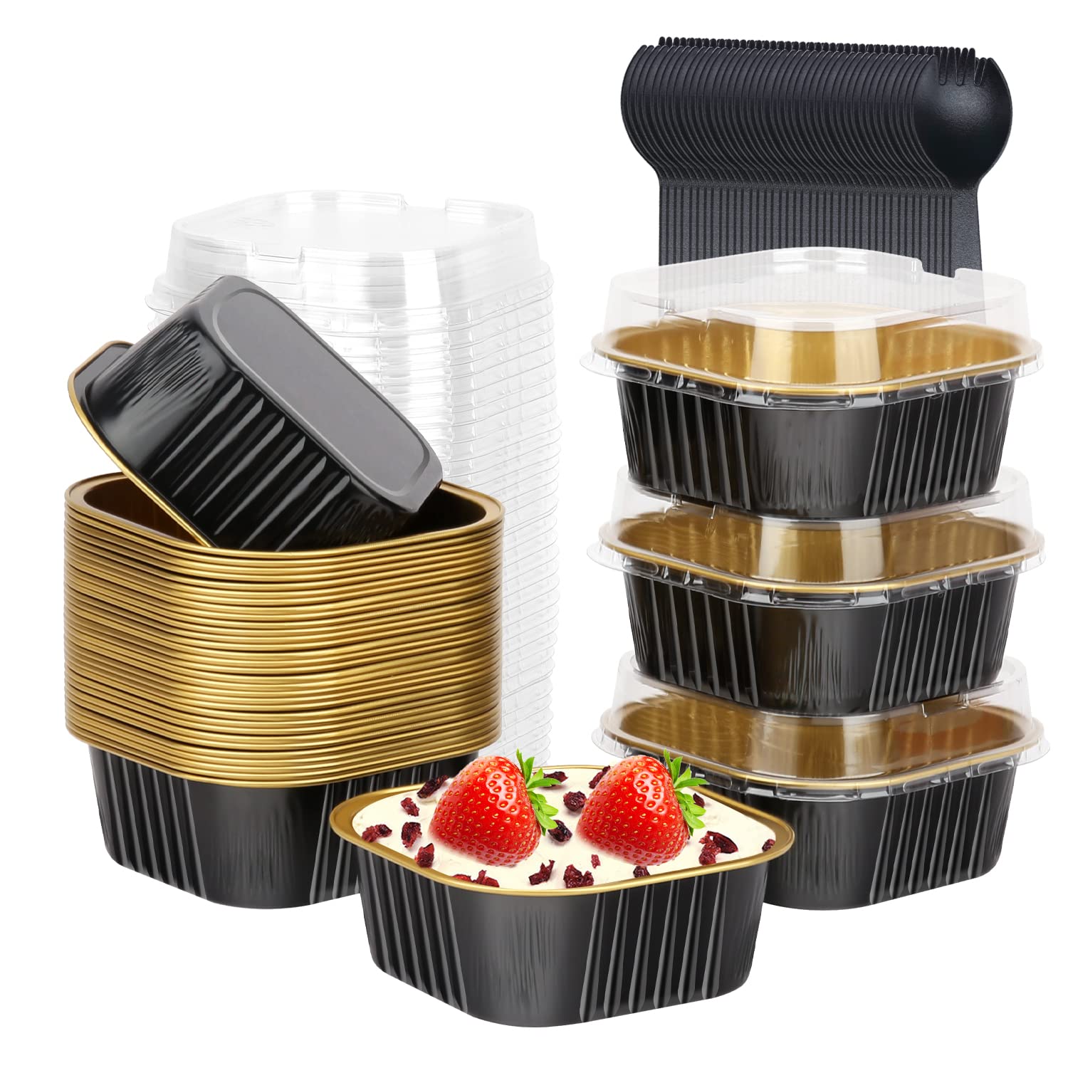 LNYZQUS 5oz Cupcake Mini Cake Pans With Lids 40 Pack, Aluminum Foil Cupcake Cups Brownie Baking Pans,Square Disposable Ramekins 