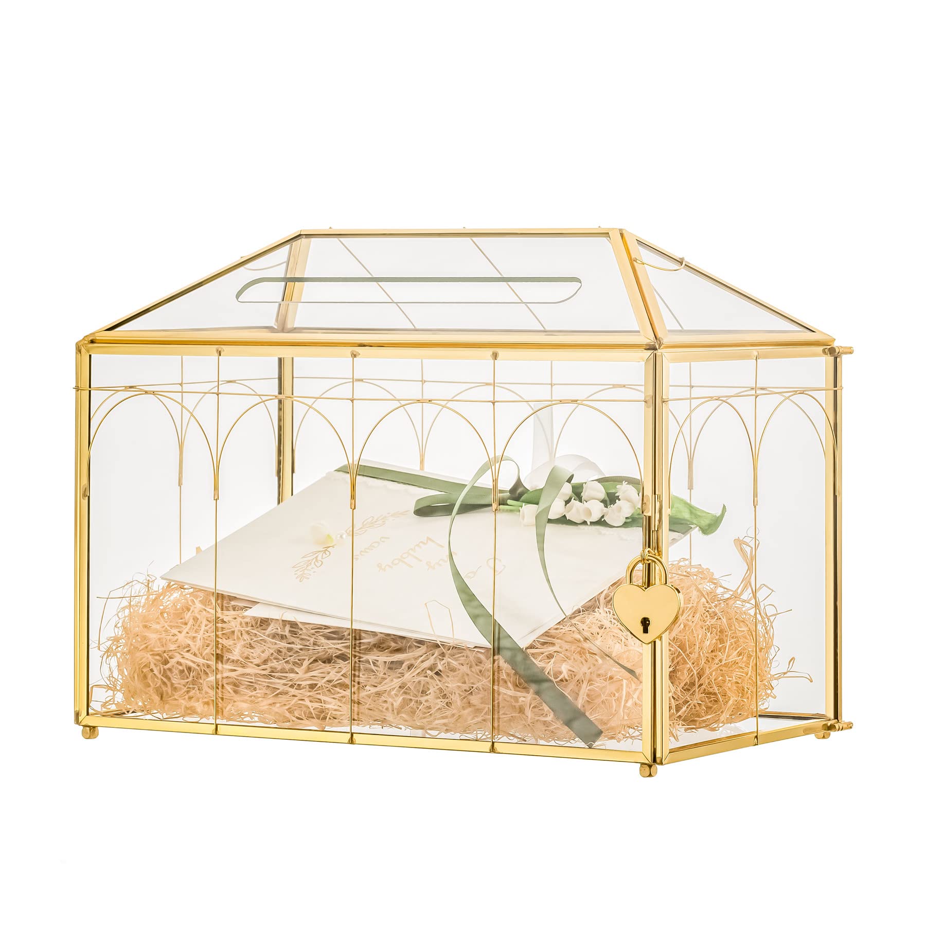 NCYP Gold Glass Cards Box with Slot and Lock for Wedding Reception - 12.6 x 5.9 x 9 - Handmade Geometric Vintage Glass Box for E