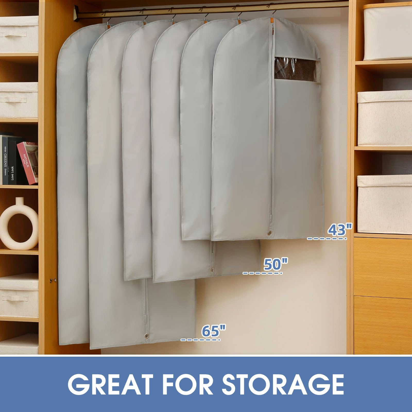Perber 50'' Garment Bags For Hanging Clothes, Suit Bags For Closet Storage And Travel, Grey Suit Cover Bags With Clear Window Fo