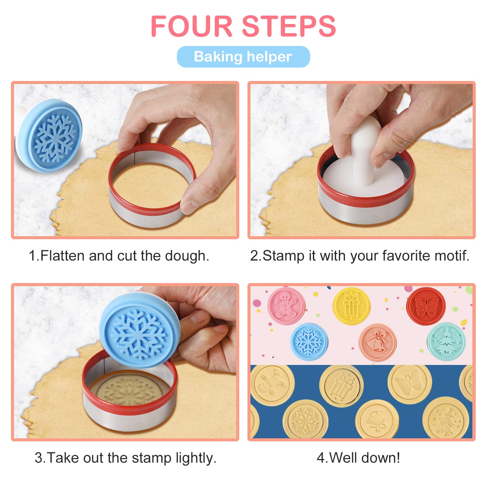 Cookie Stamp-A Set Of 6 Colorful Silicone Cookie Stamp Press, Ring Cutter And Handle For Christmas And Daily Baking
