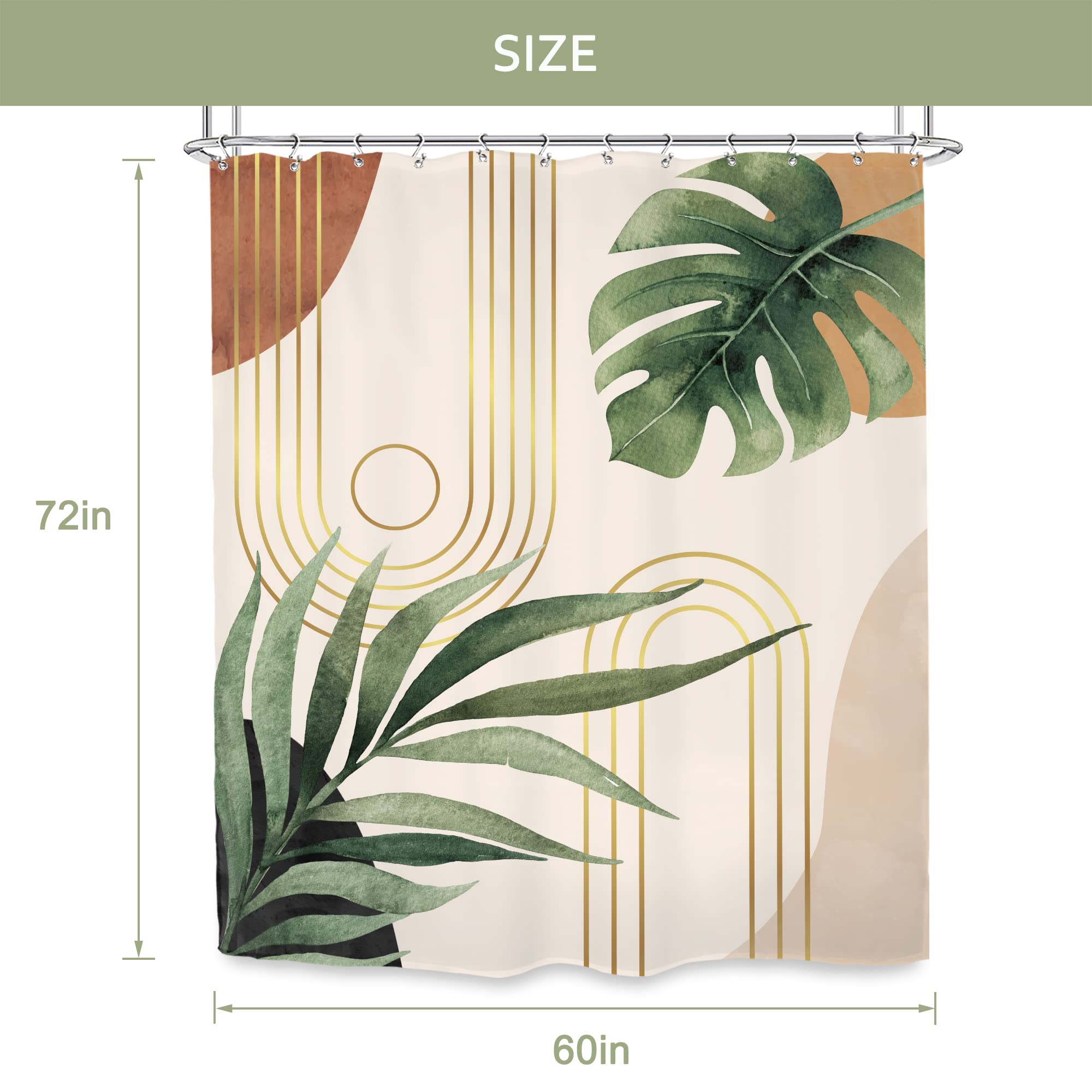 Glawry Boho Sage Green Shower Curtain 60Wx72L Inches, Abstract Bohemian Mid Century Bathroom Curtains, Plant Botanical Palm Leaf