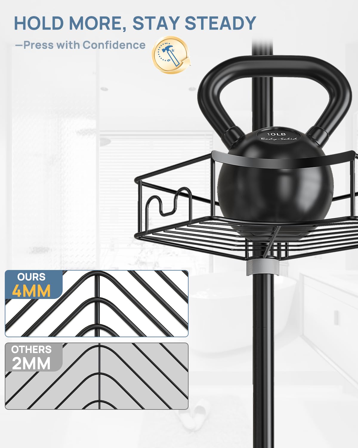 Seirione Corner Shower Caddy Tension Pole, 4-Tier Rust-Free Shower Organizer Corner, Adjustable Shower Shelf For Inside Shower,