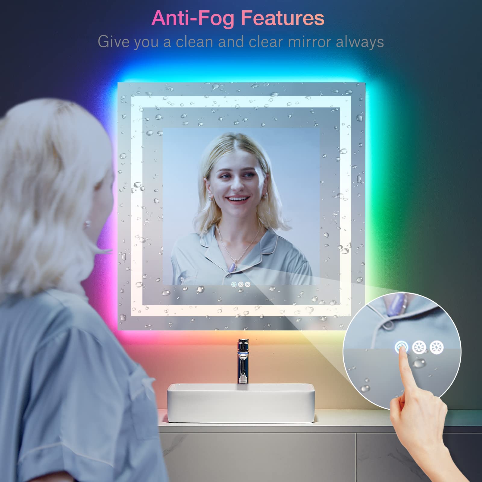 Loaao 38''X38'' Led Bathroom Mirror With Lights, Anti-Fog, Dimmable, Rgb Backlit + Front Lighted, Bathroom Vanity Mirror For Wal