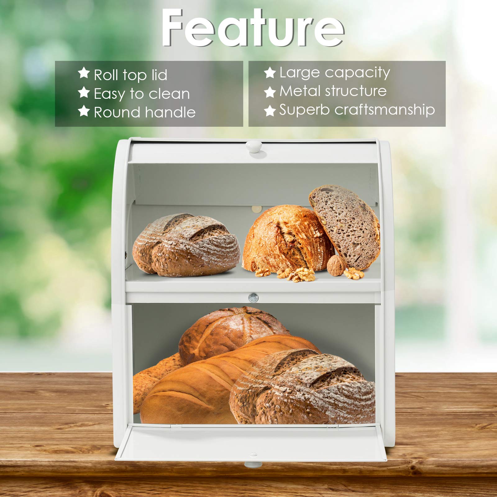 Olebes Bread Box, Metal Bread Box For Kitchen Countertop, Bread Storage Container Holds 2 Loaves Of Bread, High Capacity Breadbo