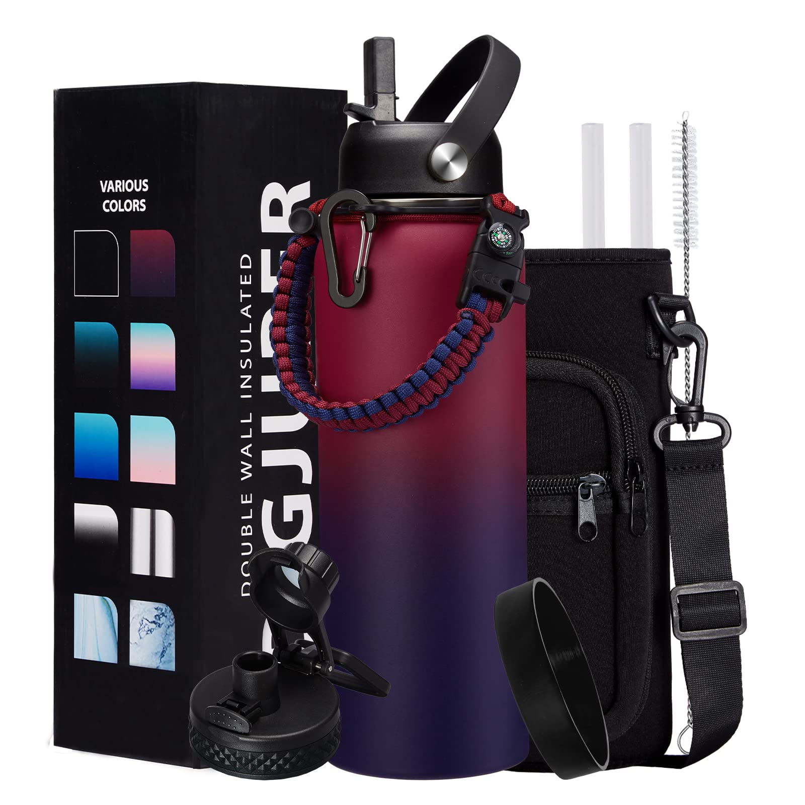 40Oz Stainless-Steel Water-Bottle With Straw - Pop-Up Spout & Straw Lids, Survival Paracord Handle, Storage Sleeve & Cup Mat, Le