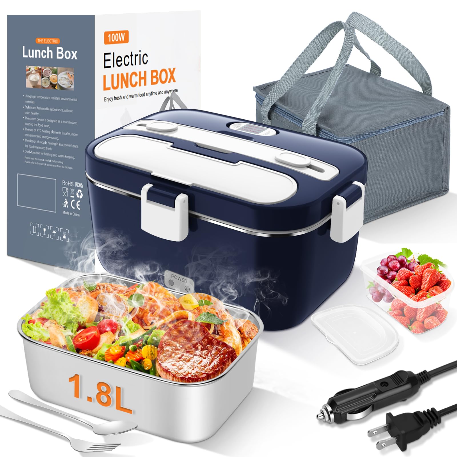 DUPASU Electric Lunch Box for Adults: 100W Heated Lunch Box Food Warmer, 1.8L Portable Fast Heating Lunchbox Food Heater or Car,