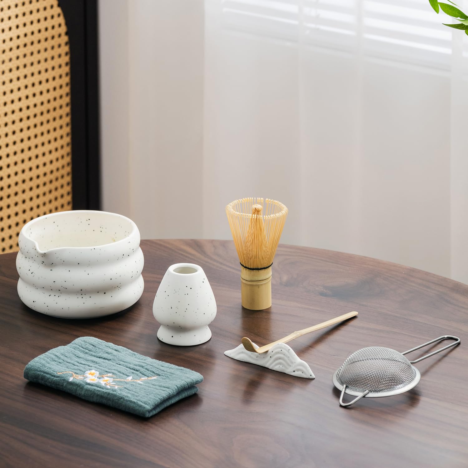 7Pcs Japanese Matcha Tea Set, Matcha Kit With Matcha Bowl (With Pouring Spout), Matcha Whisk, Whisk Holder, Strainer - Elegant M