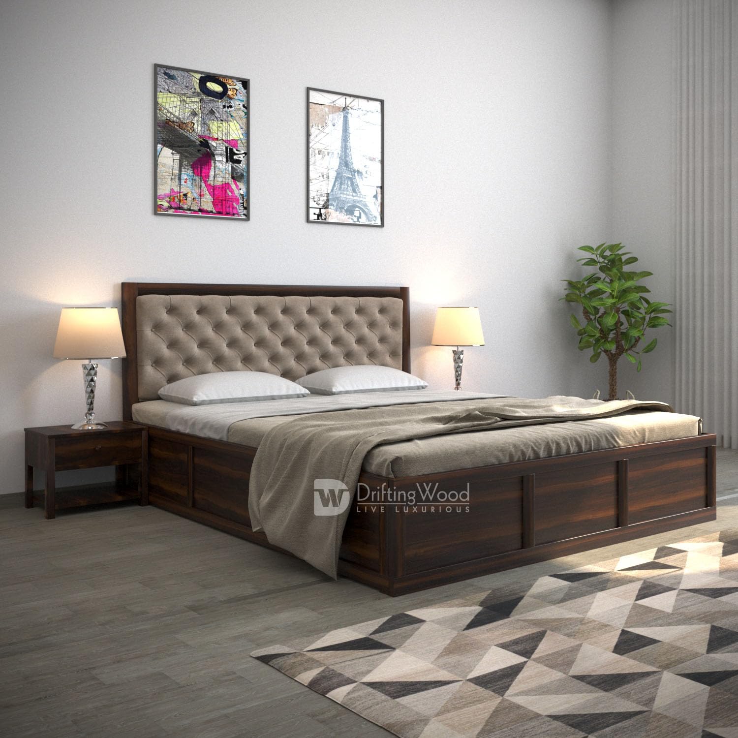 Driftingwood Dolvi Solid Sheesham Wood Queen Size Bed With Storage | Wooden Double Bed Cot Bed With Box Storage & Matt Beige Min