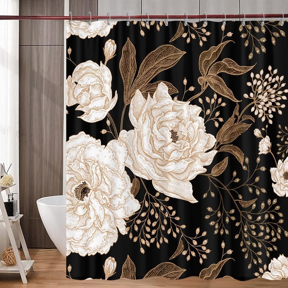 Black And Gold Shower Curtain, Dark Roses Leaves Botanical Aesthetic Boho Floral Shower Curtain For Bathroom With Hook, Vintage
