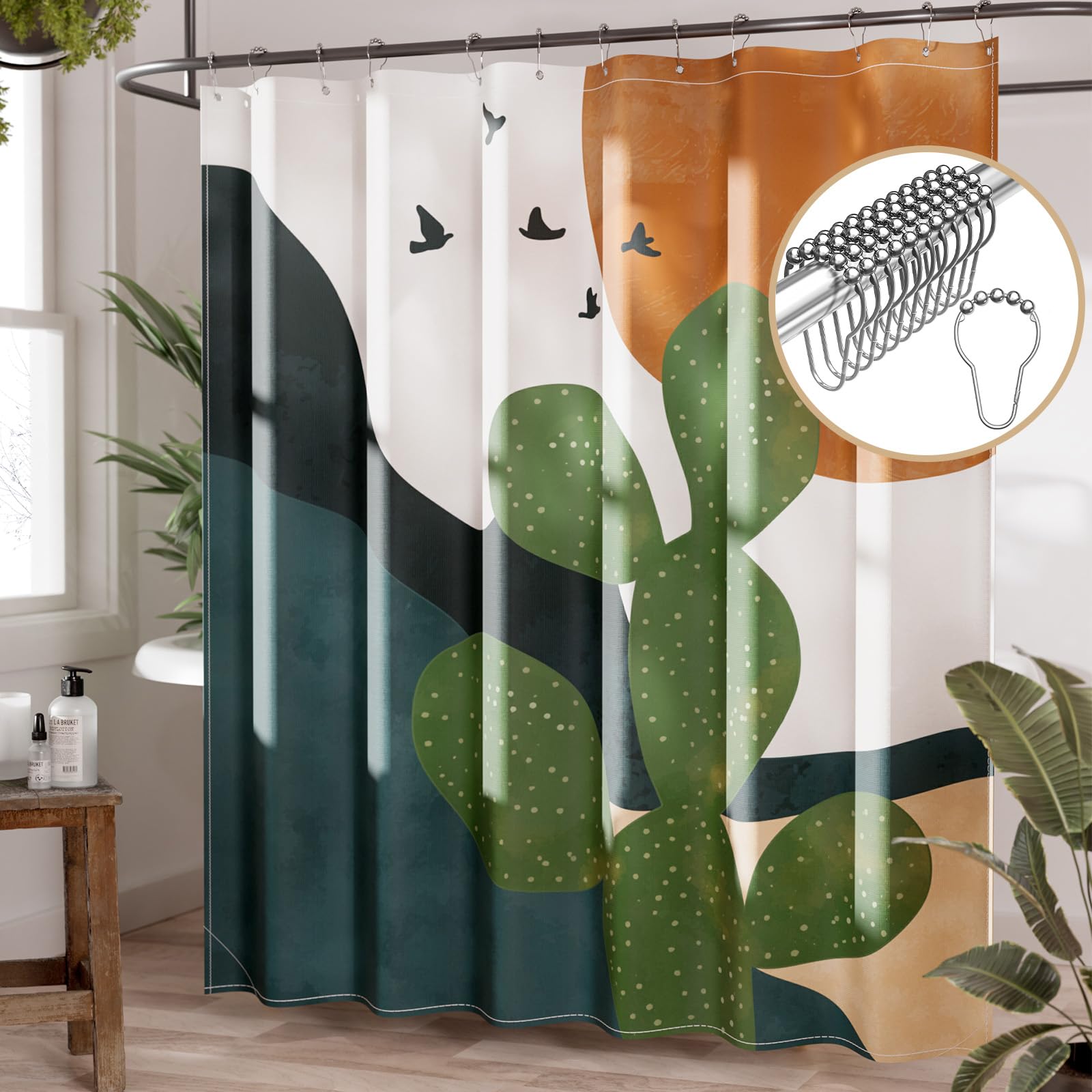 Amazerbath Boho Shower Curtain, 72X72 Washable Cloth Sage Cactus Shower Curtains For Bathroom, Fabric Rustic Neutral Shower Curt