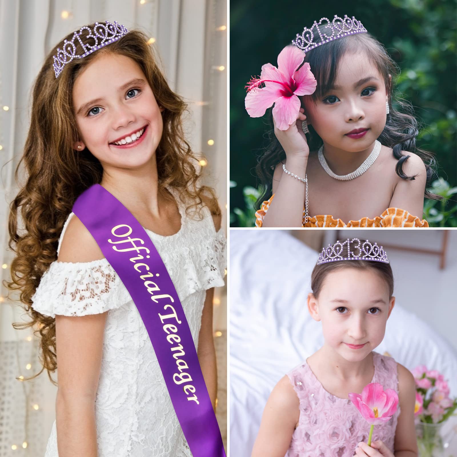 Cieher Purple 13Th Birthday Crown For Girls & Official Teenager Birthday Sash Set, 13 Birthday Tiara, Birthday Gifts For Teen Gi