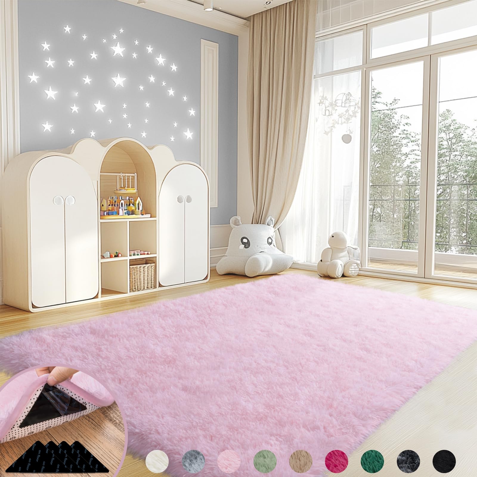 Mugorn Pink Rugs for Living Room, 4x6 Feet Large Fluffy Area Rugs for Bedroom, Soft Carpet Shag Kids Rug with 4 Non-Slip Rug Pad